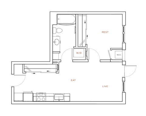 Floor plan for 1 bed, 1 bath, 542 sqft